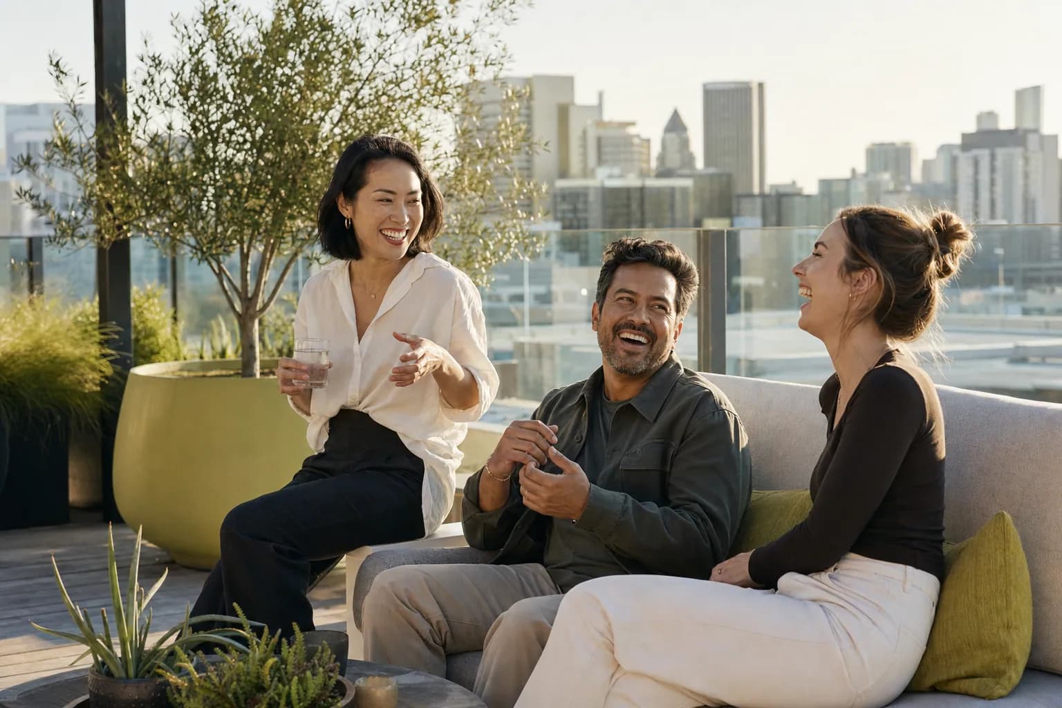 A personal branding agency team and founder share a genuine win on a sunlit rooftop terrace, illustrating founder visibility that compounds into pipeline as an economic asset.