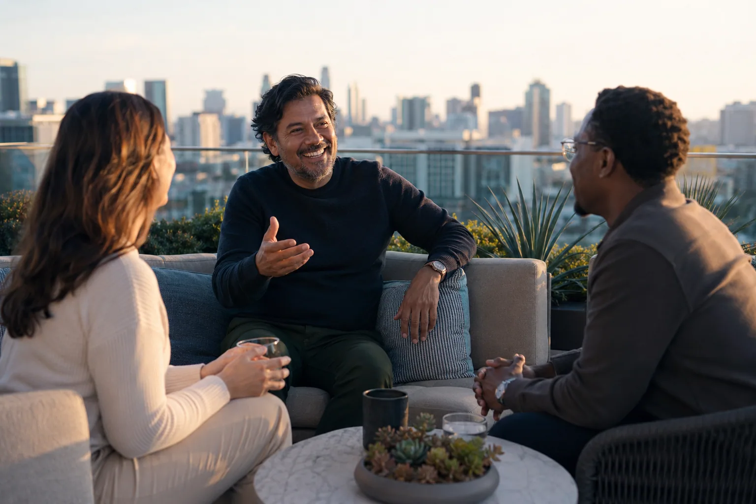 A founder confidently holding court with colleagues on a sunlit rooftop terrace, illustrating the closed authority gap where a real reputation finally matches what buyers find online.