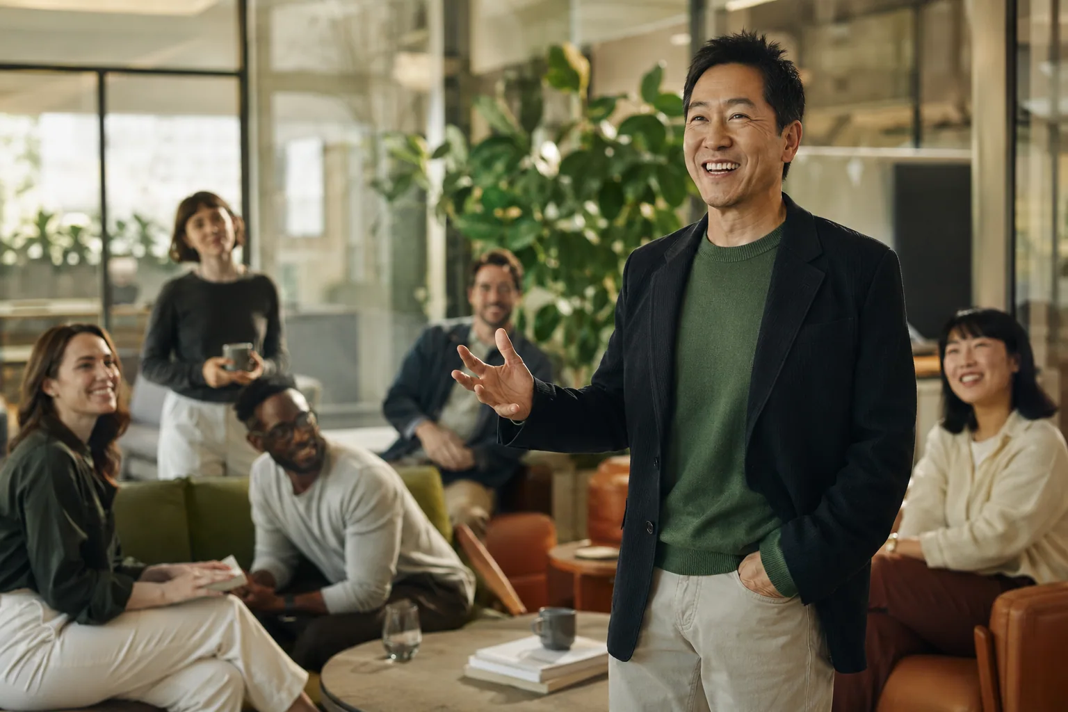 A founder confidently engaging colleagues who turn toward him with recognition in a bright modern office, illustrating an expert whose visibility finally matches his ability.