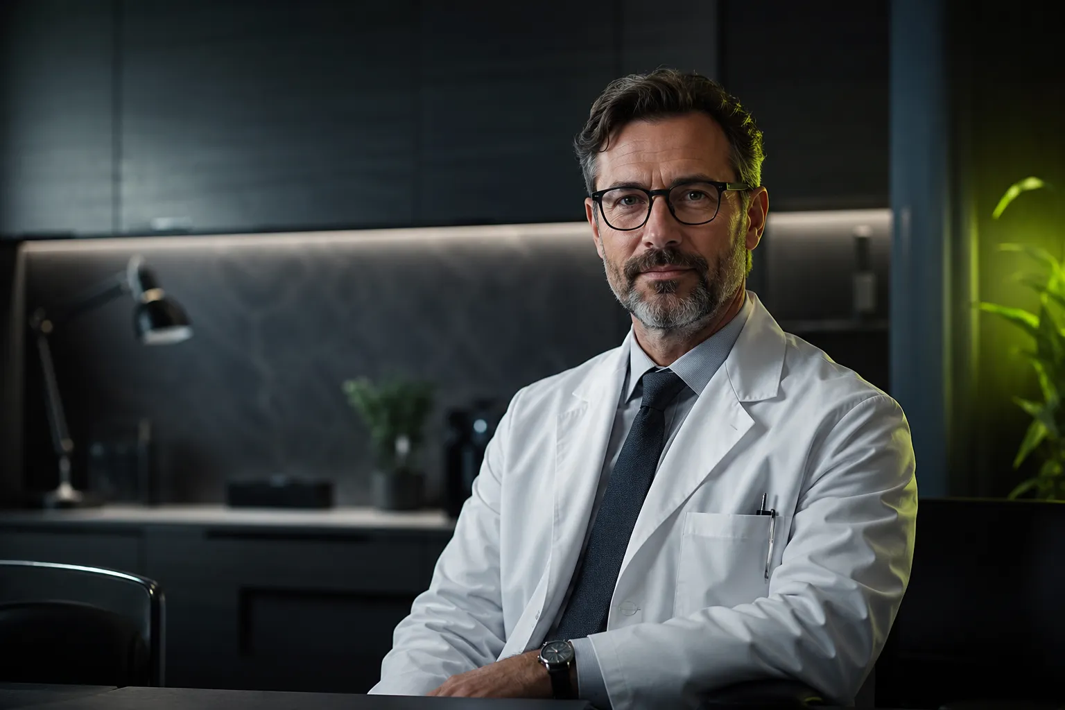 A confident physician in a white coat in a refined modern medical office, illustrating personal branding for doctors built on trust and professional credibility.