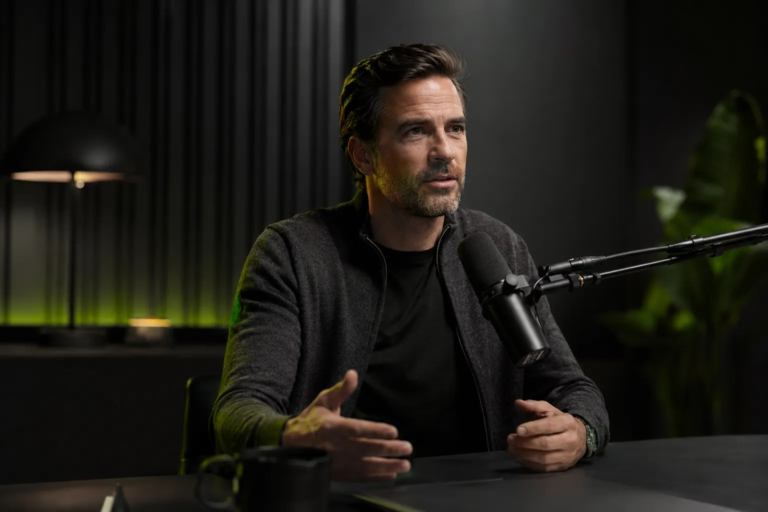 A founder recording a podcast in a sophisticated studio, illustrating personal branding for entrepreneurs built on earned media rather than constant posting.