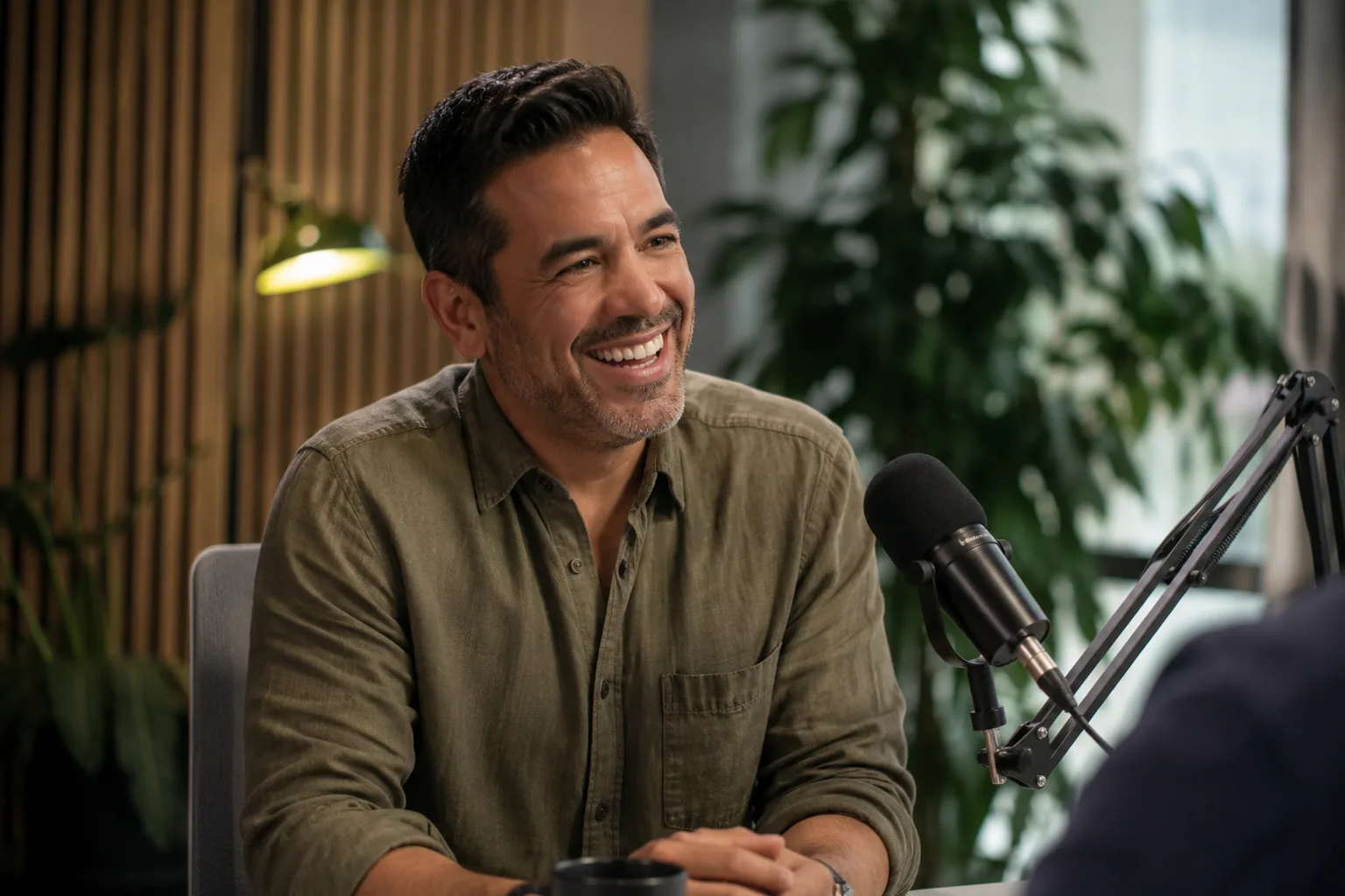 A founder recording a podcast in a bright modern studio, leaning into the conversation, illustrating how podcast guesting borrows a trusted host's audience to build authority fast.