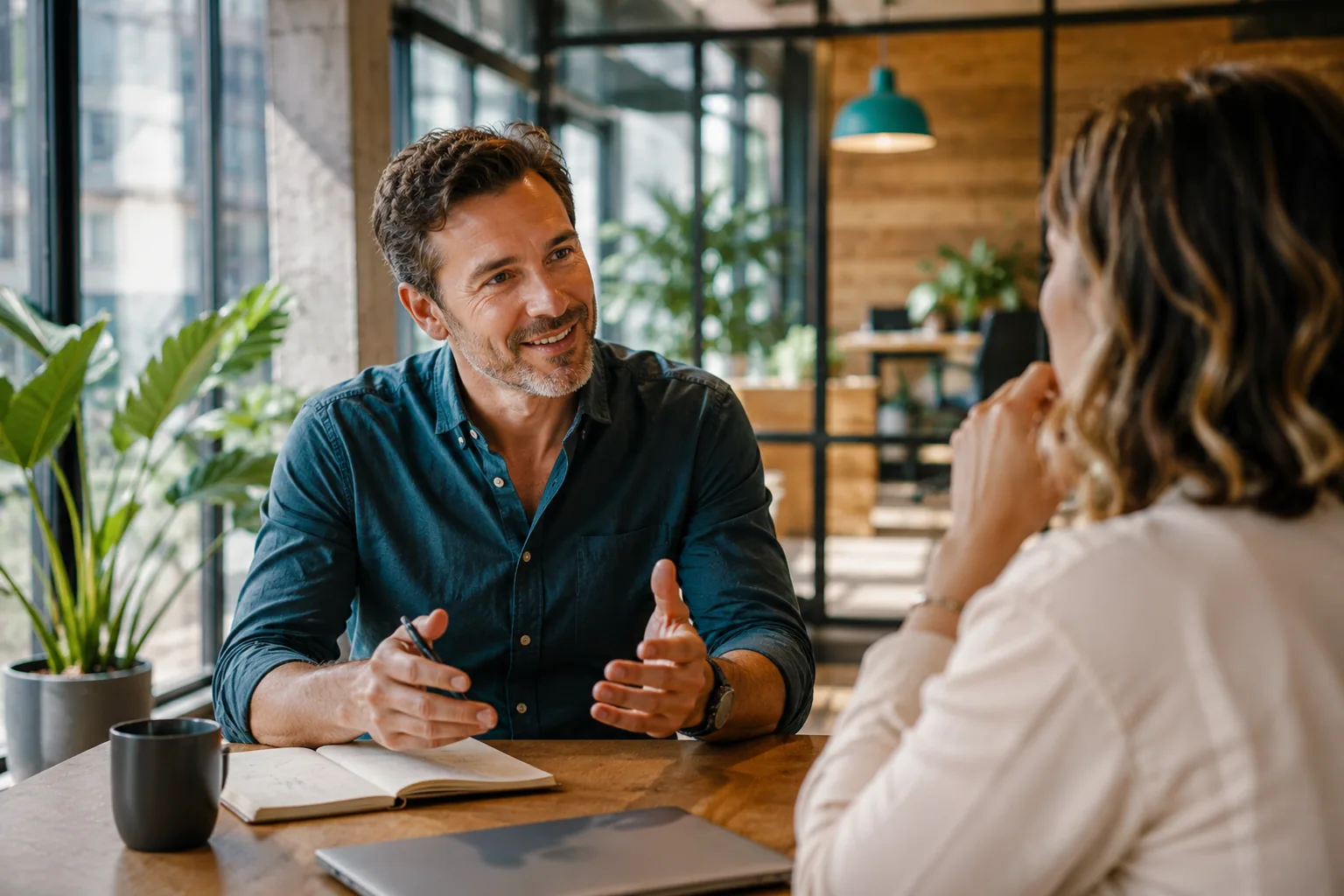 A composed founder aligning a clear idea with a colleague in a bright modern office, illustrating the decisive clarity of sharp founder positioning before any visibility play.